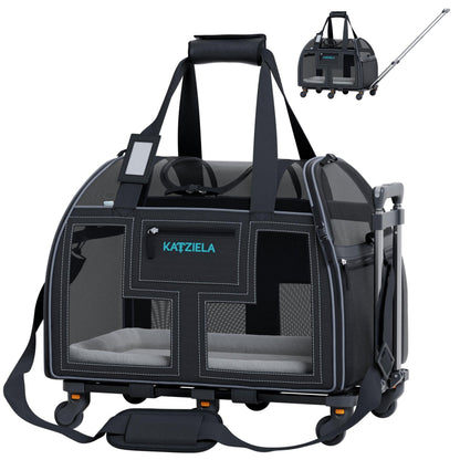 Dark gray rolling pet carrier with mesh windows, wheels, and telescopic handle