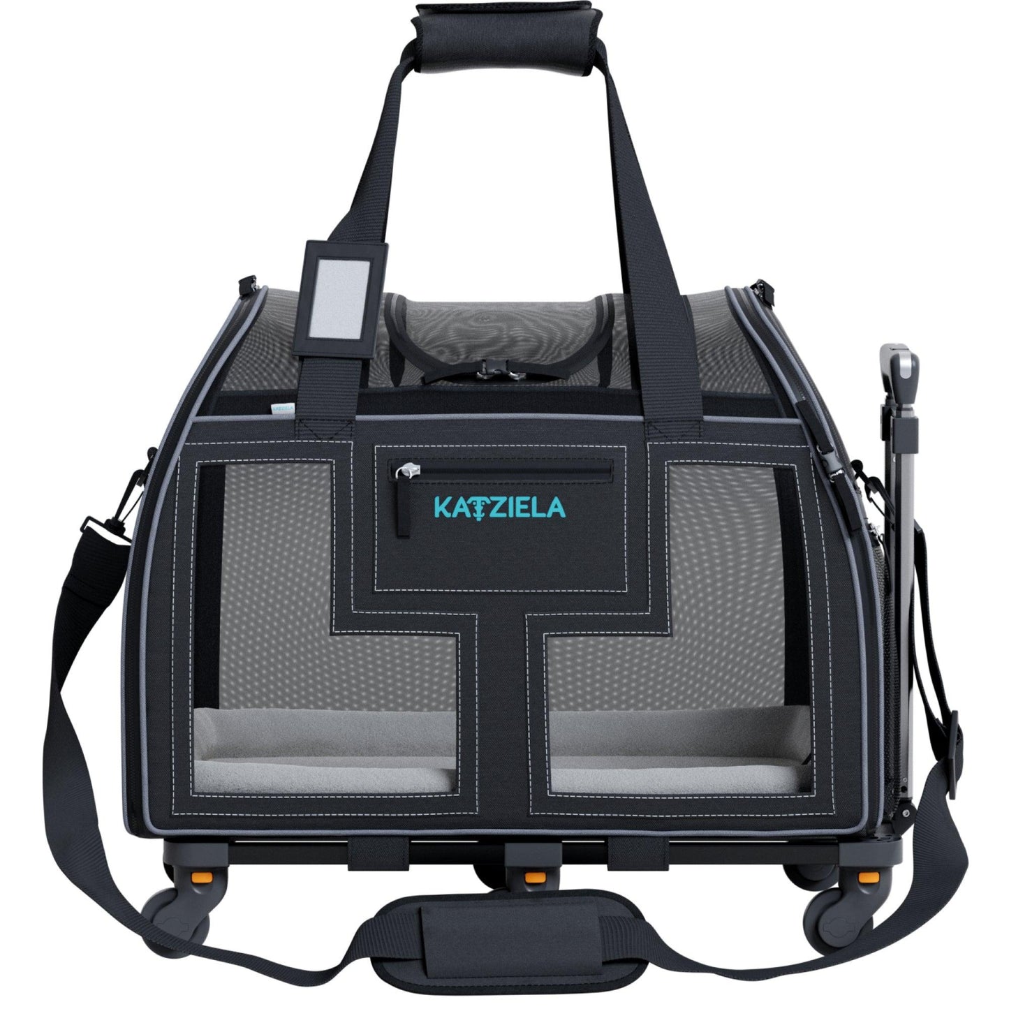 Dark gray and black rolling pet carrier with front mesh window and side pockets