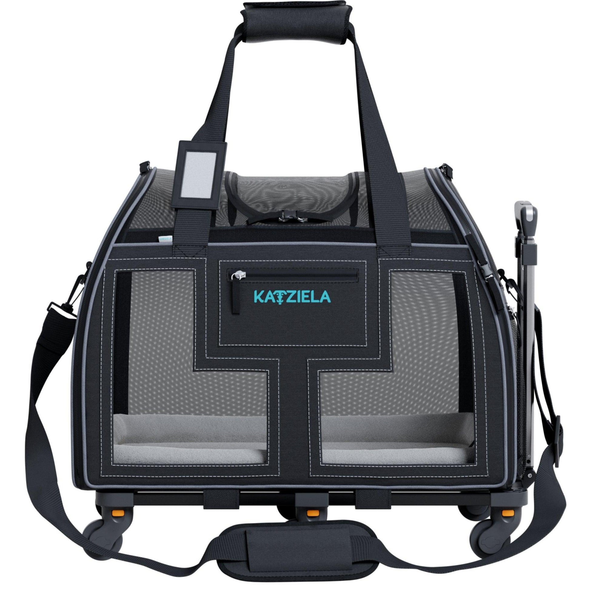 Dark gray and black rolling pet carrier with front mesh window and side pockets