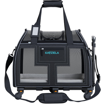 Dark gray and black rolling pet carrier with front mesh window and side pockets