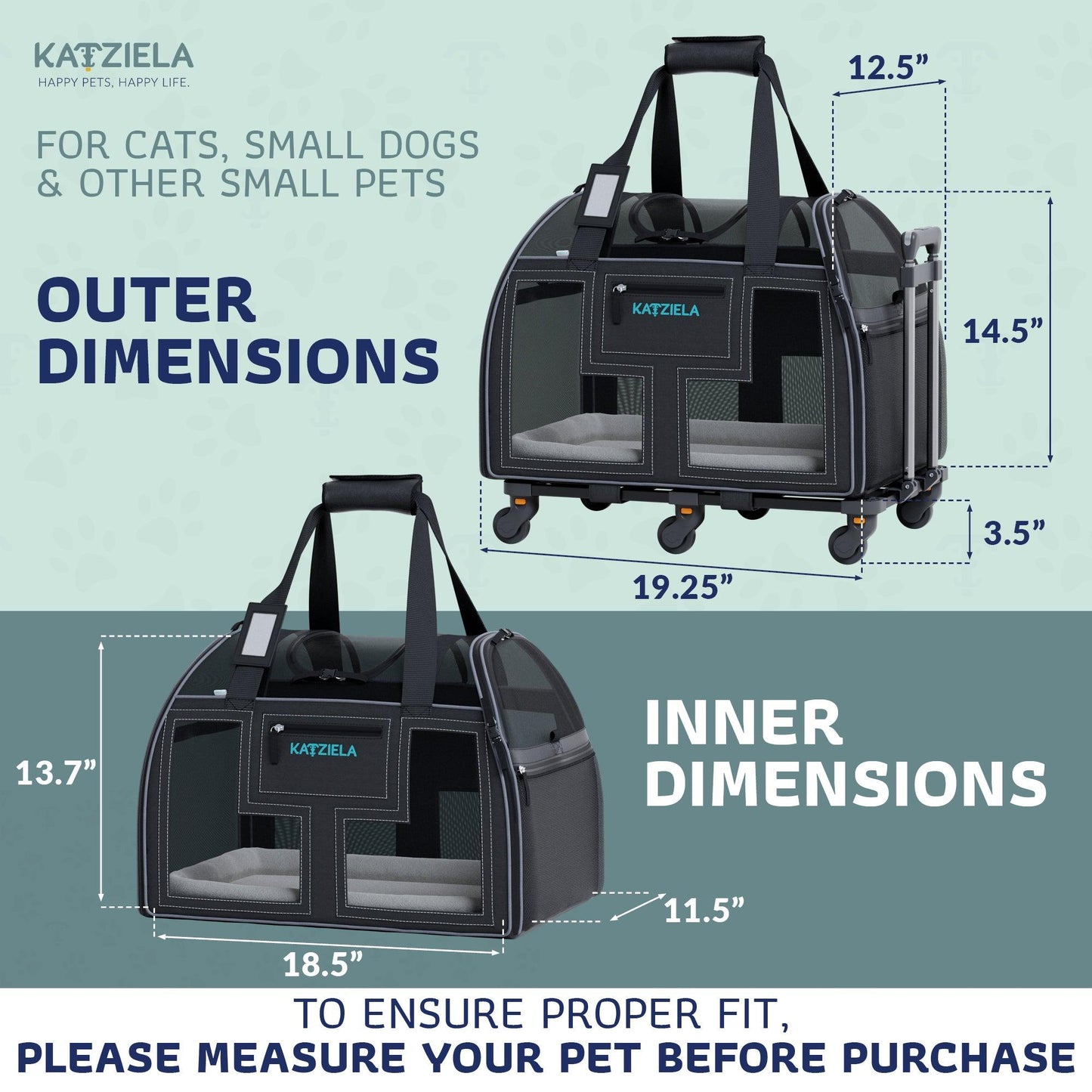 Black rolling pet carrier with front mesh window shown with outer and inner dimensions