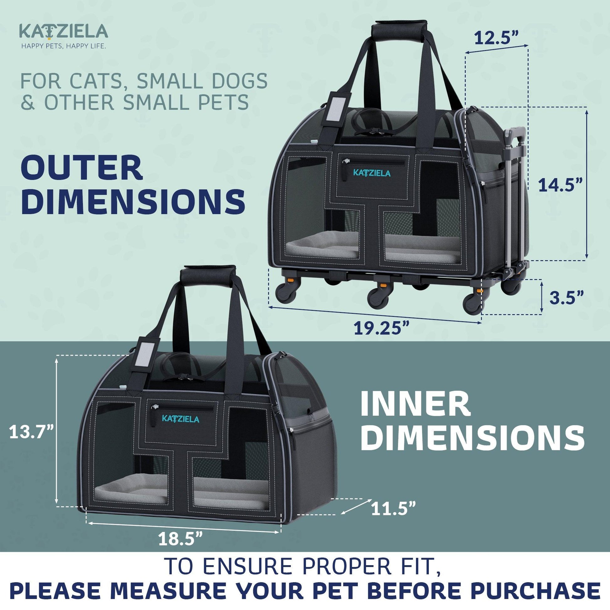 Black rolling pet carrier with front mesh window shown with outer and inner dimensions