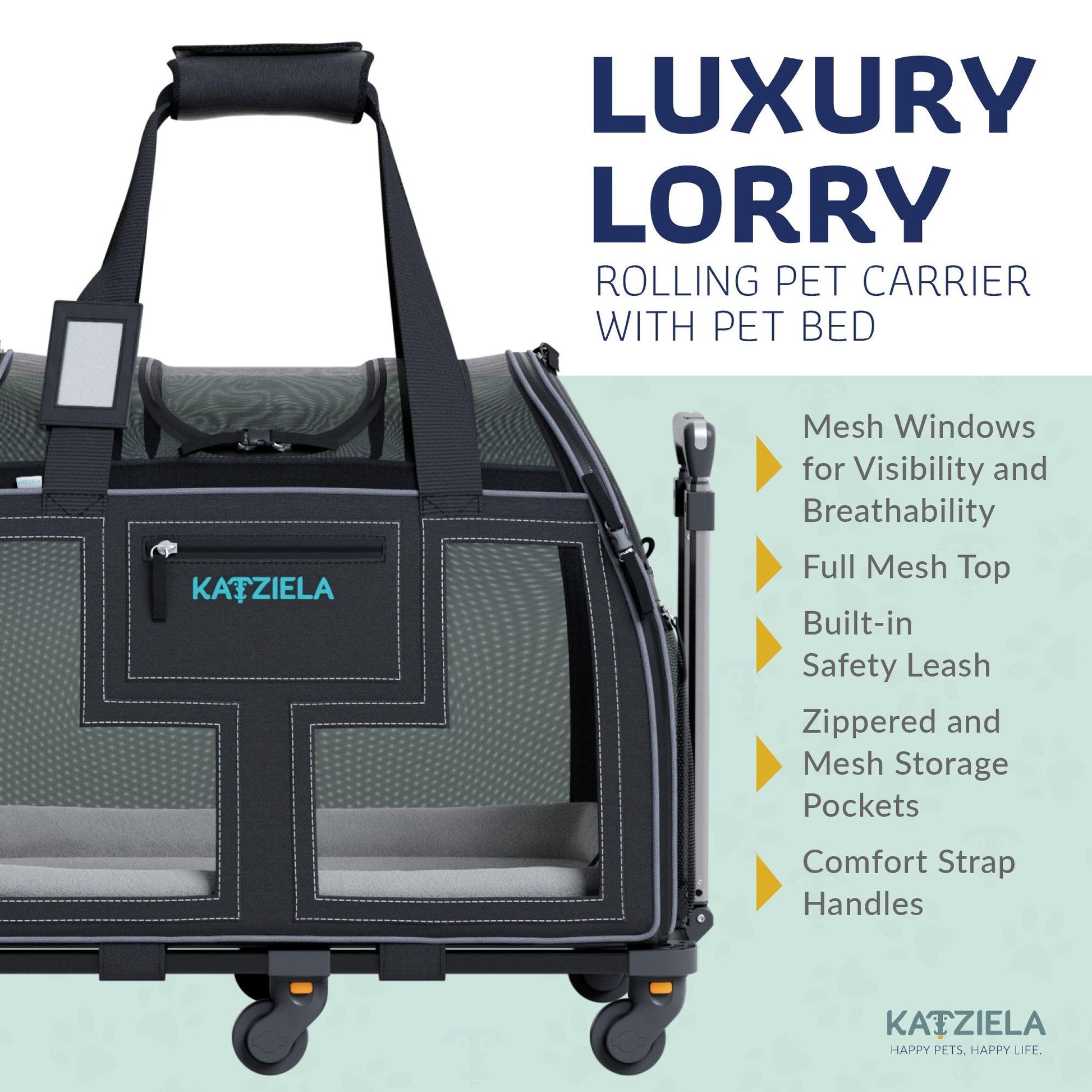 Dark gray and black rolling pet carrier with telescopic handle and mesh windows