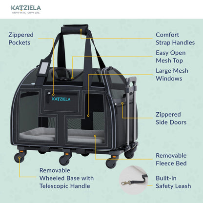 Rolling pet carrier featuring side doors, comfort strap handles, and removable fleece bed