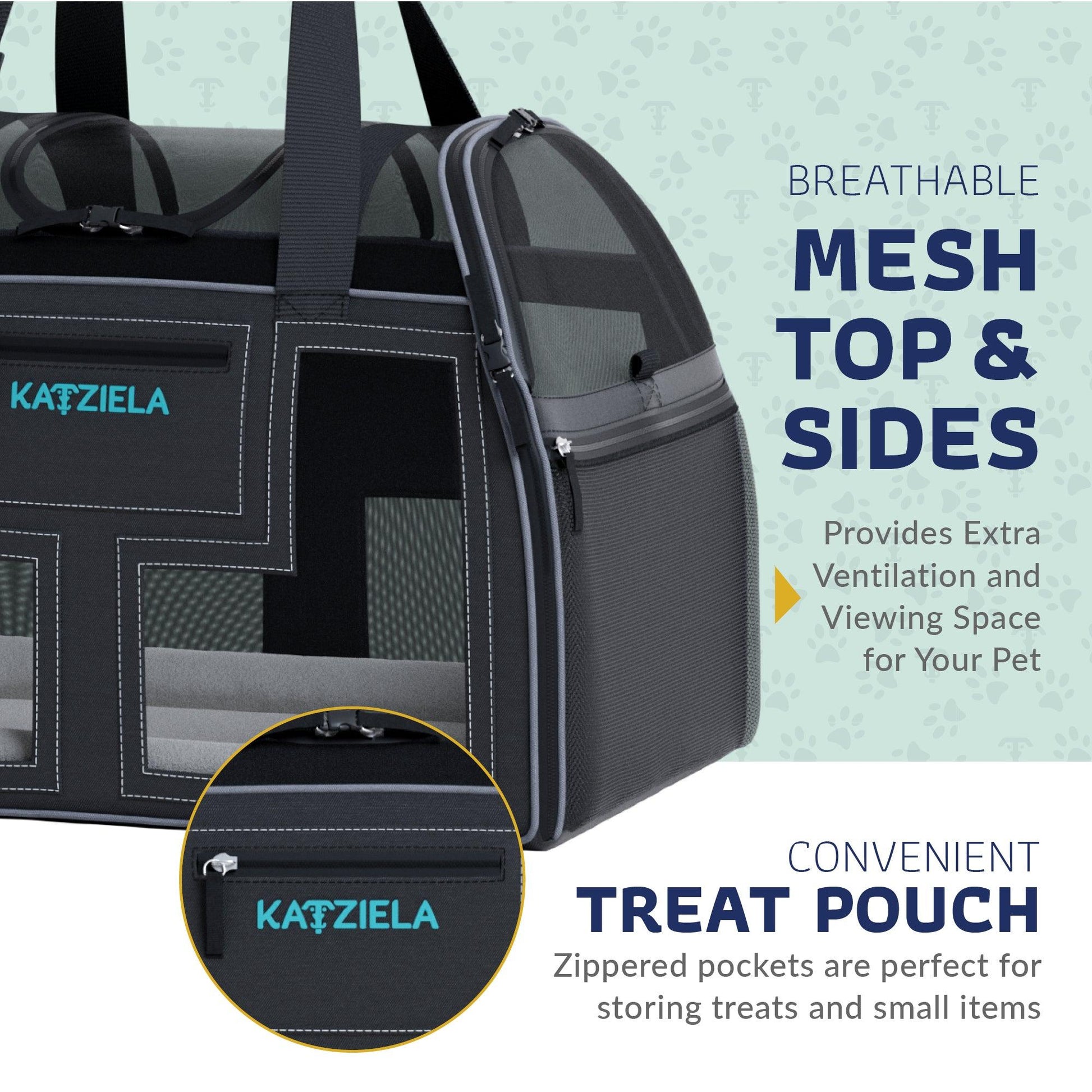 Rolling pet carrier close-up of zippered side treat pouch on dark gray and black body