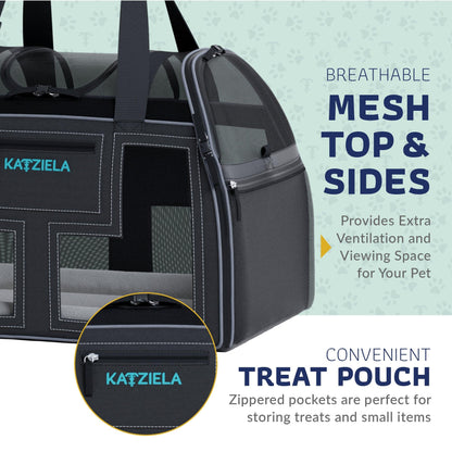 Rolling pet carrier close-up of zippered side treat pouch on dark gray and black body