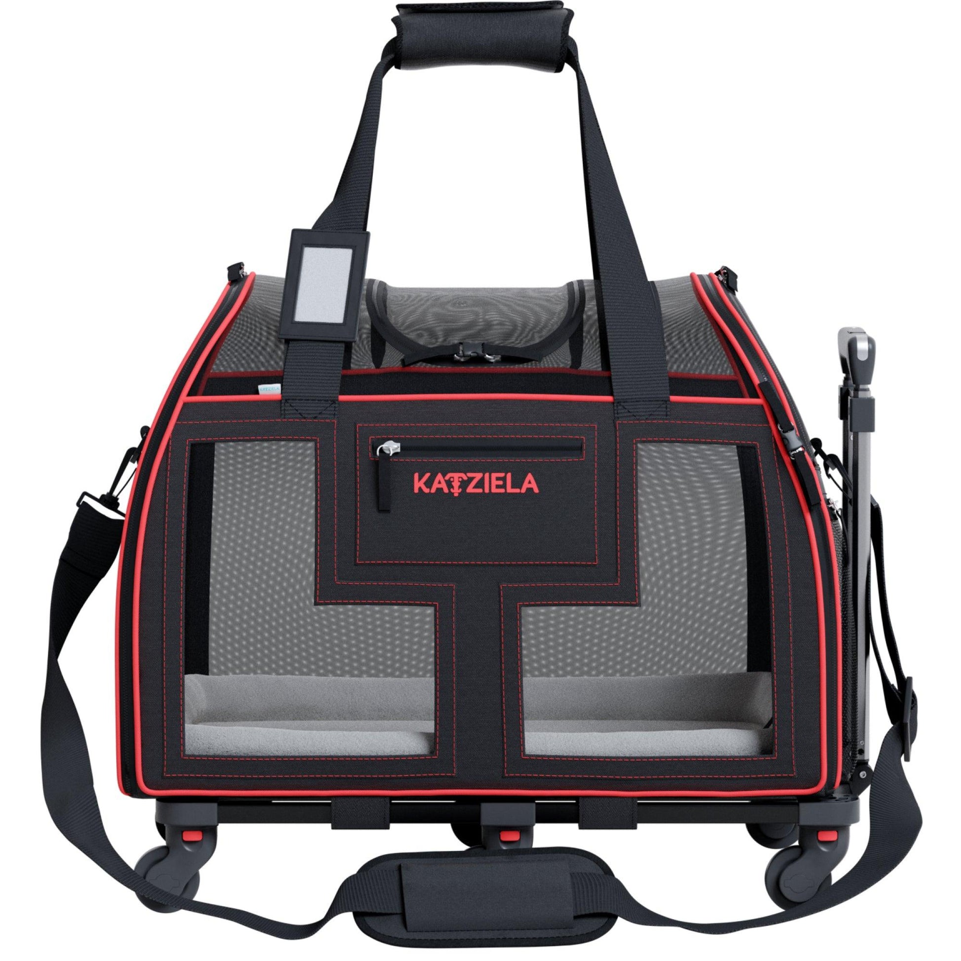 Black and red rolling pet carrier with front mesh panels, padded base, and wheels