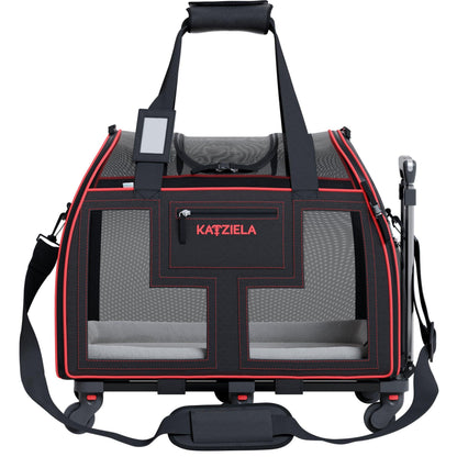 Black and red rolling pet carrier with front mesh panels, padded base, and wheels