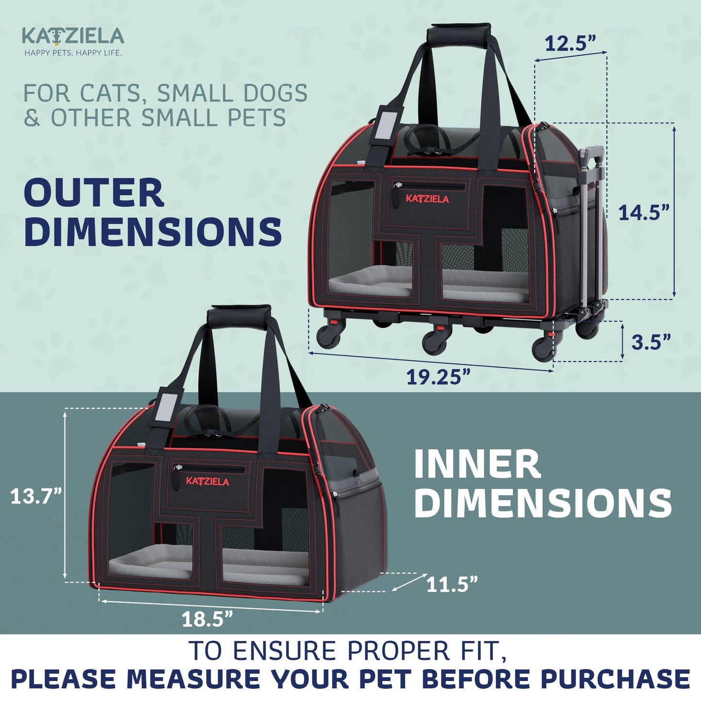 Rolling pet carrier with mesh windows and telescopic handle, size dimensions shown