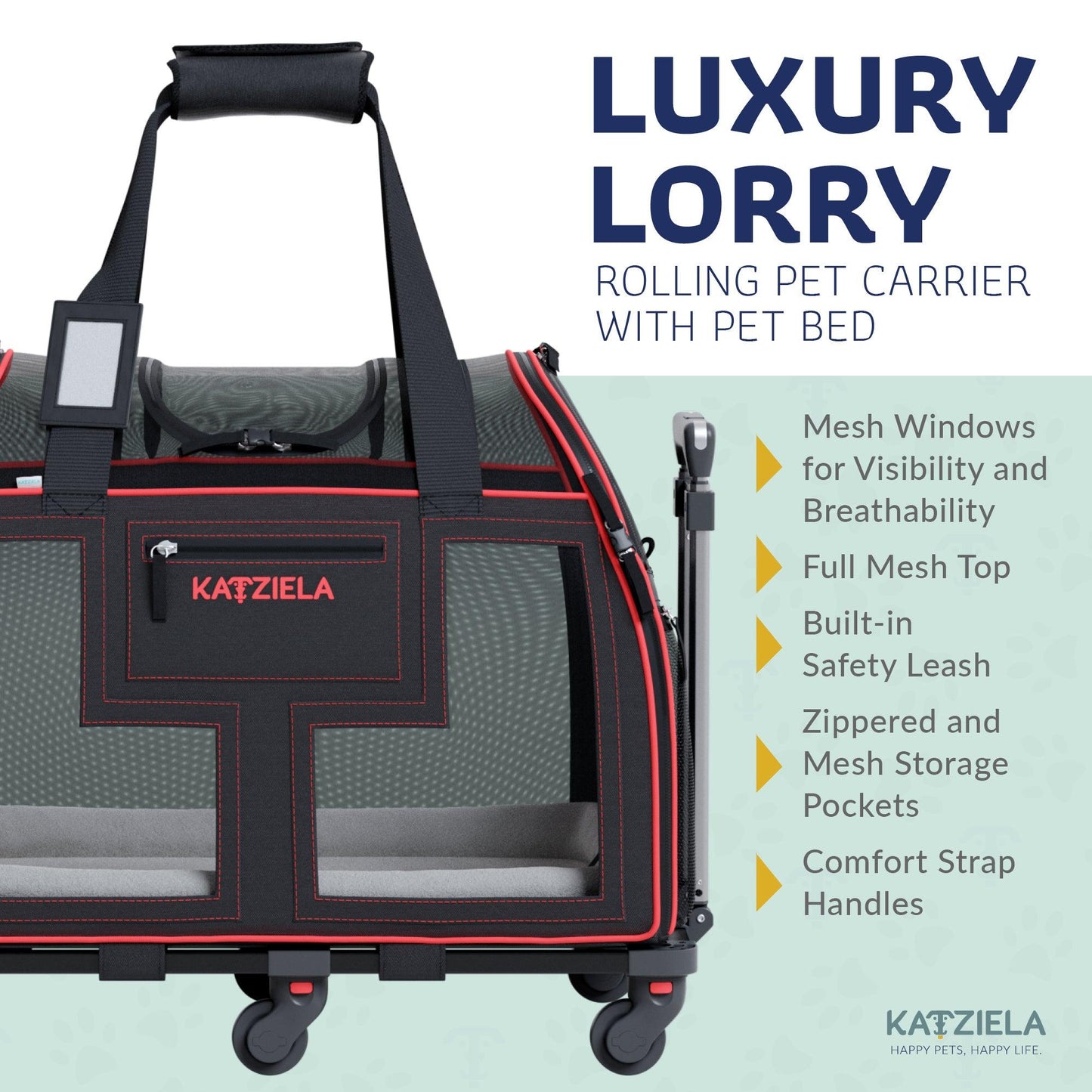 Rolling pet carrier with pet bed, mesh side windows, and telescopic handle