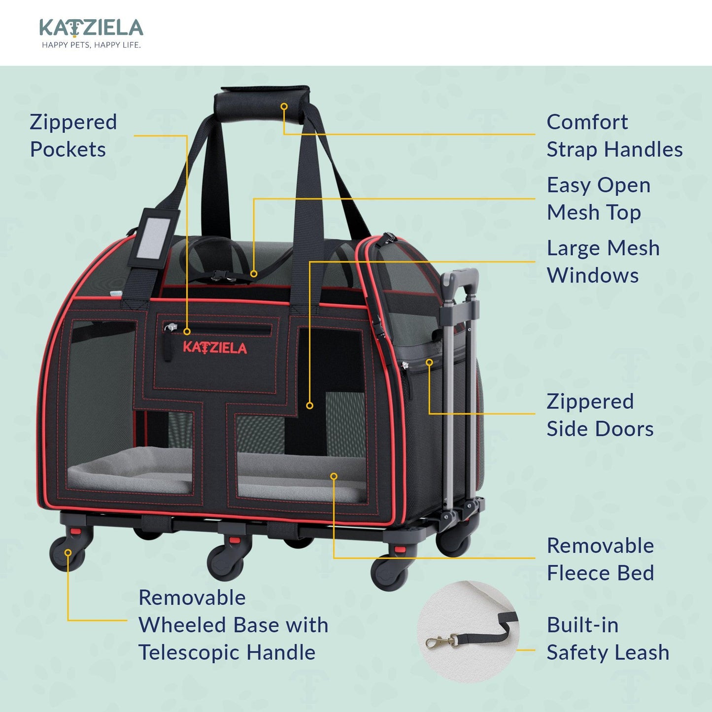 Rolling pet carrier with removable wheel base, zipper pockets, side doors, fleece bed