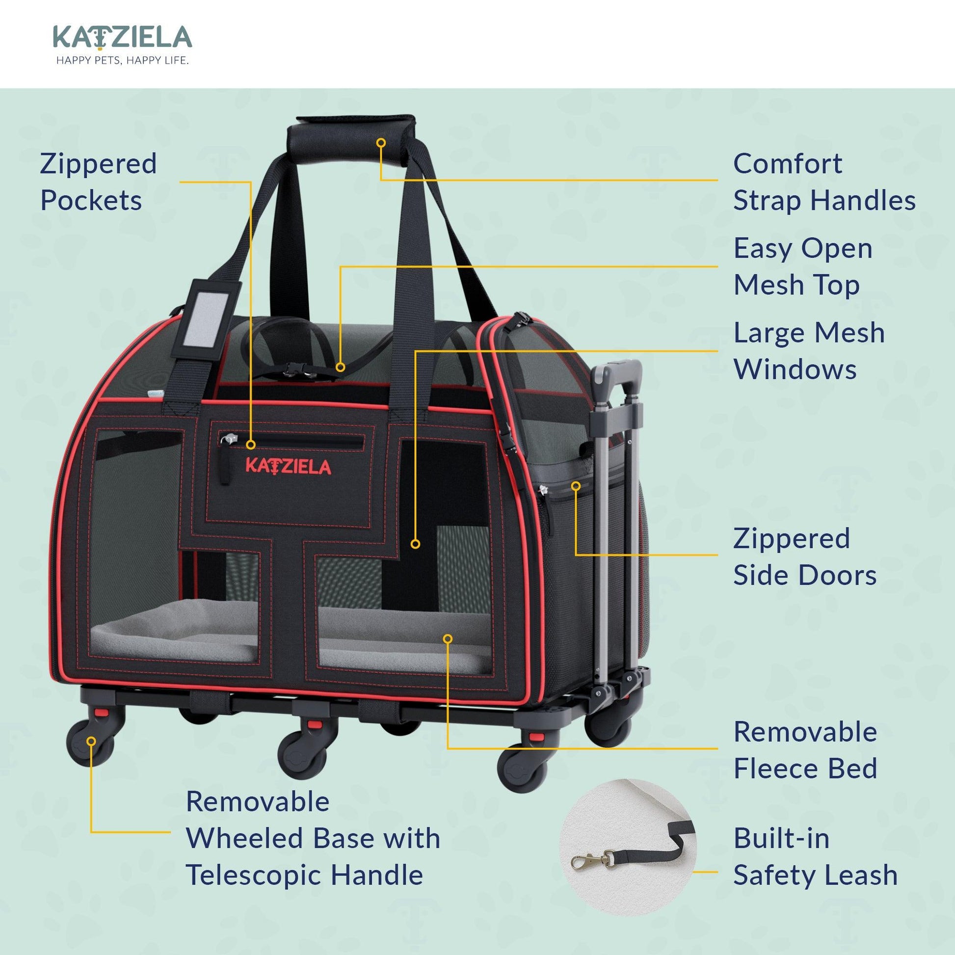 Rolling pet carrier with removable wheel base, zipper pockets, side doors, fleece bed