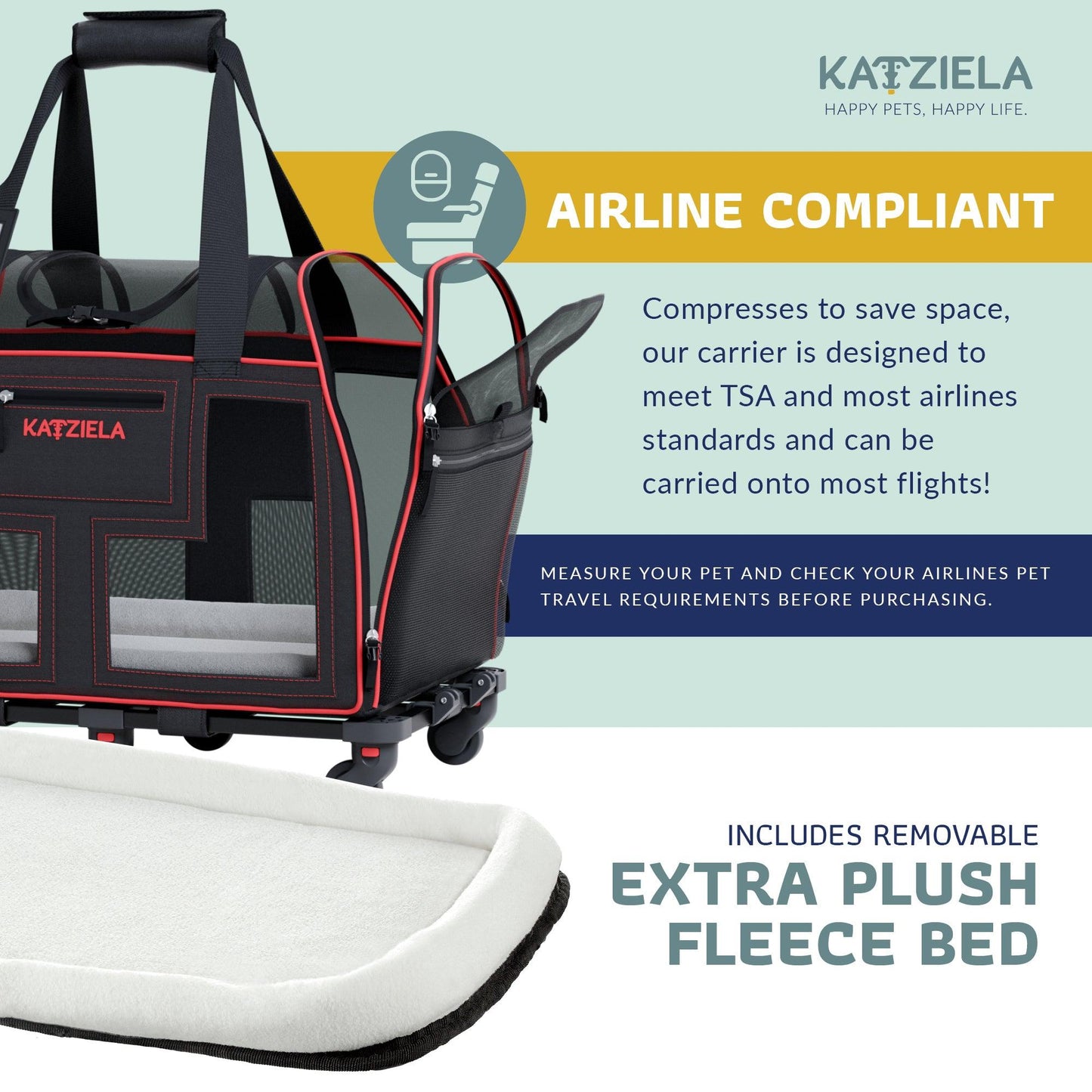 Airline-compliant rolling pet carrier with extra plush fleece bed and telescopic handle