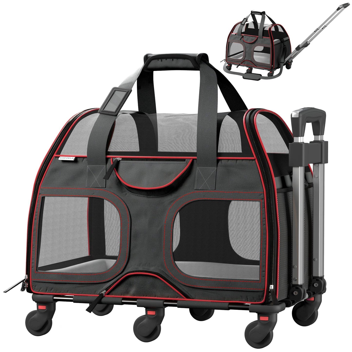 Gray pet carrier with red trim, front mesh windows, and rolling wheels with handle
