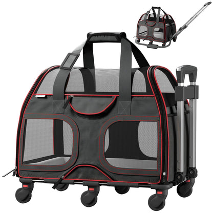 Gray pet carrier with red trim, front mesh windows, and rolling wheels with handle