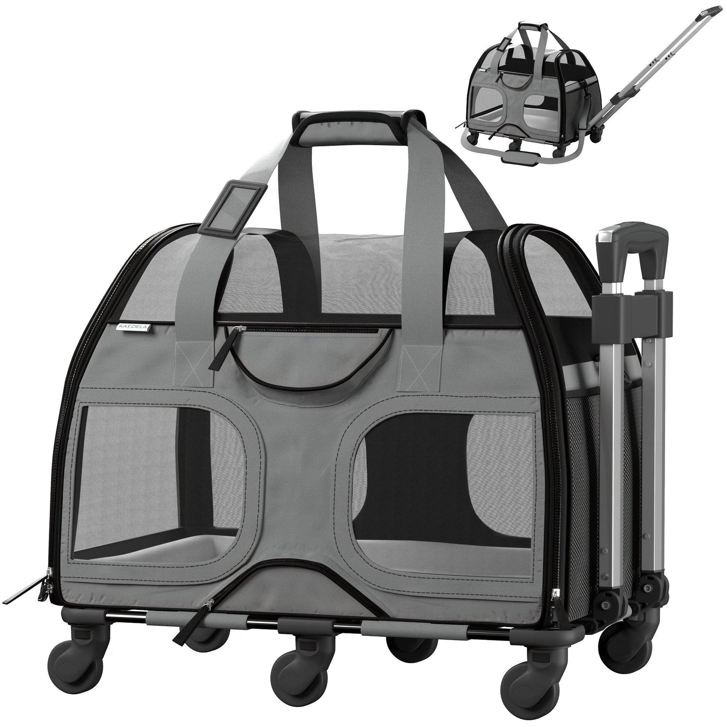 Gray pet carrier with red trim, mesh windows, telescopic handle, and caster wheels