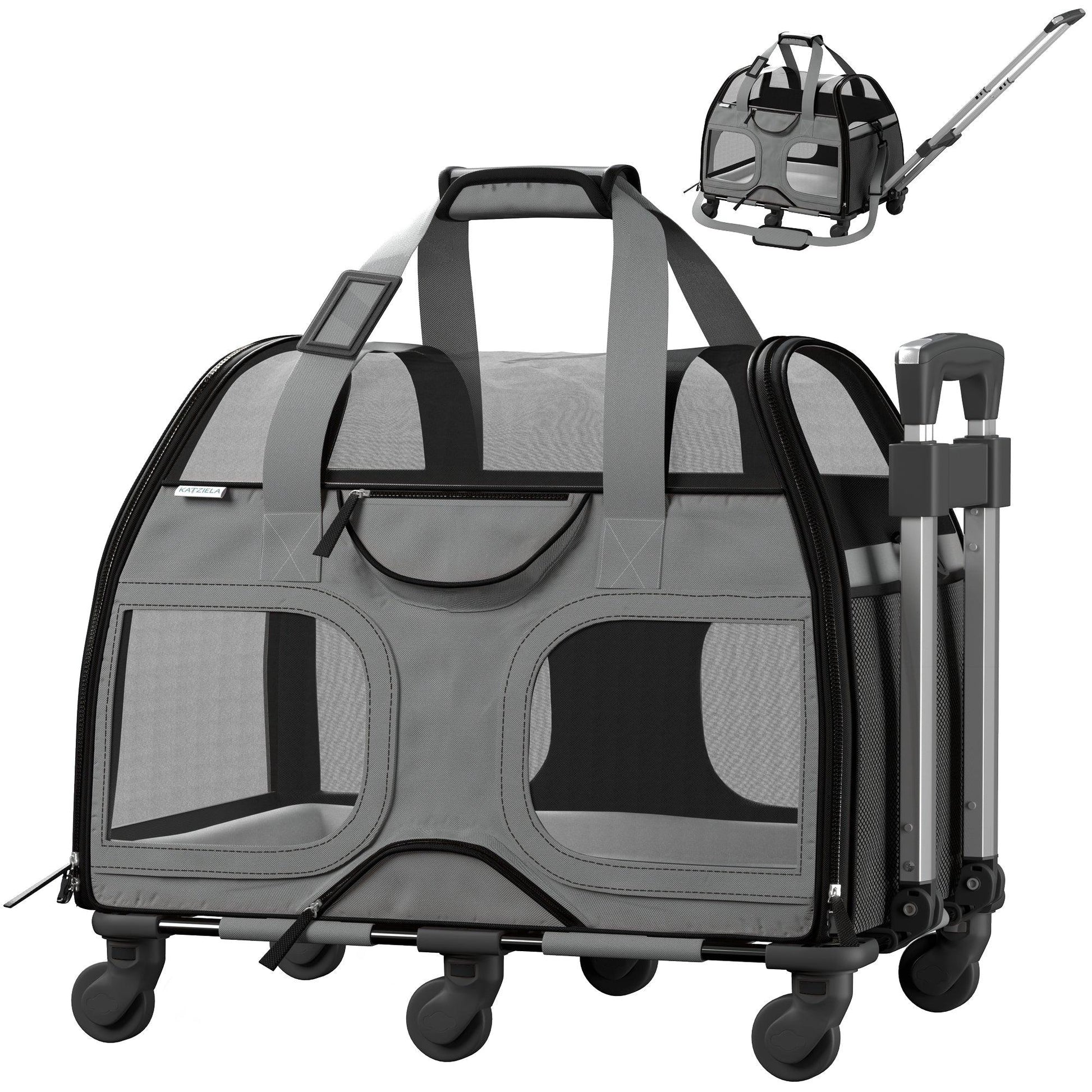 Gray pet carrier with red trim, mesh windows, telescopic handle, and caster wheels