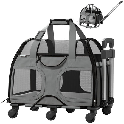 Gray pet carrier with red trim, mesh windows, telescopic handle, and caster wheels