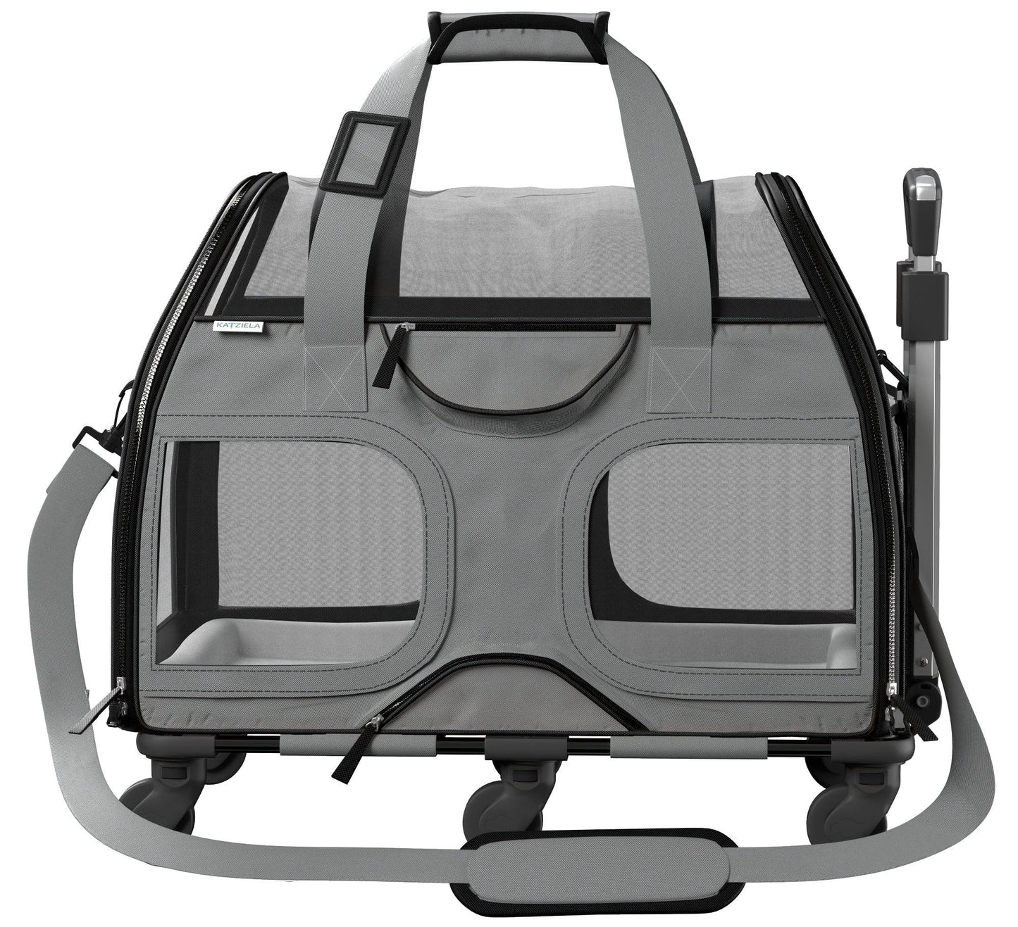 Gray pet carrier with front mesh windows, zippered door, padded plush pet bed