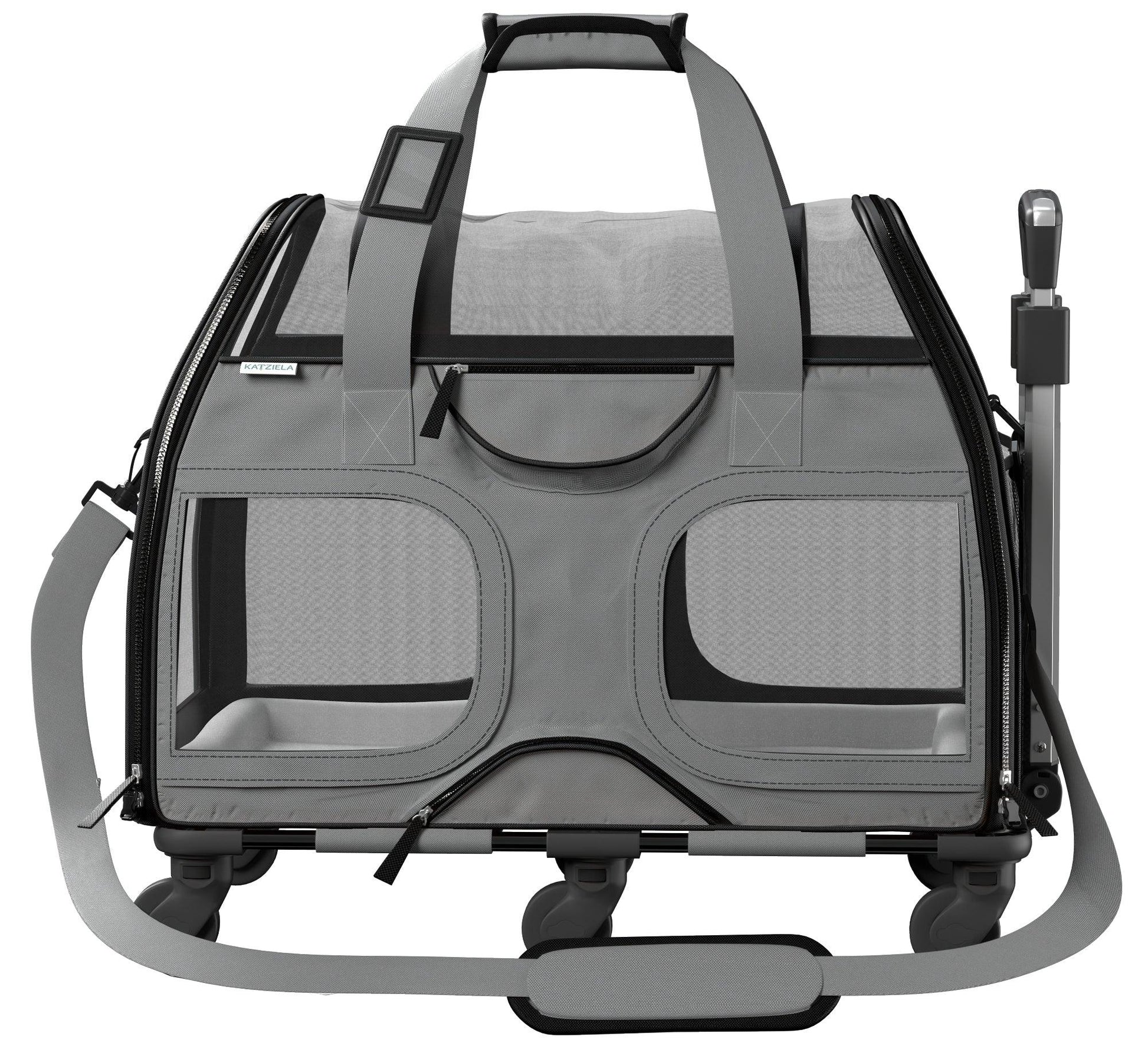 Gray pet carrier with front mesh windows, zippered door, padded plush pet bed