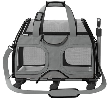 Gray pet carrier with front mesh windows, zippered door, padded plush pet bed