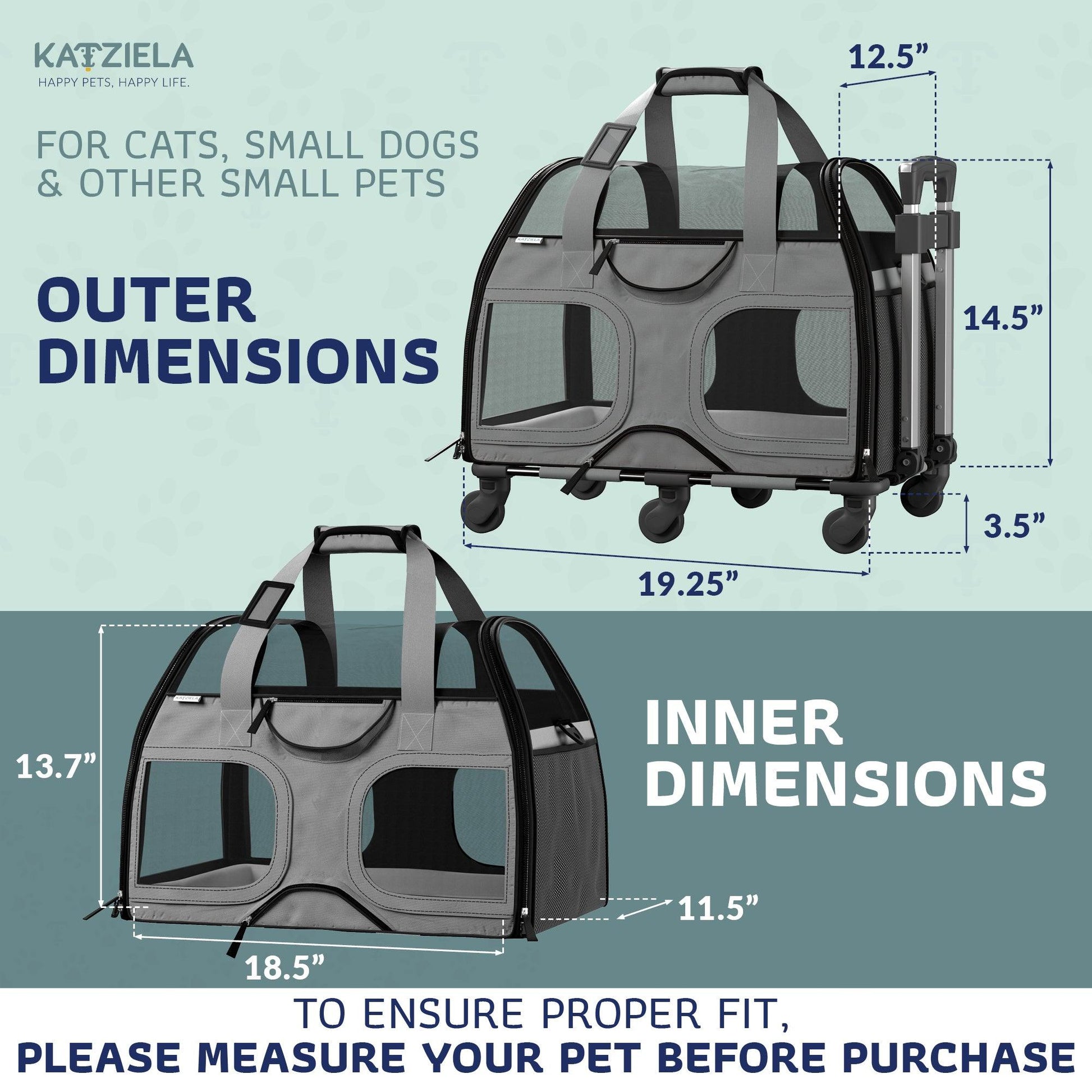 Gray pet carrier with wheels and telescopic handle, mesh top and side windows