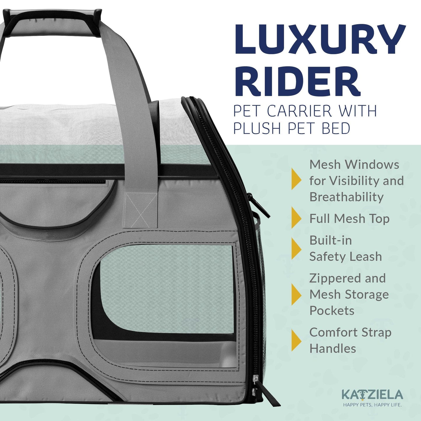 Gray pet carrier with telescopic handle and mesh top, plush pet bed
