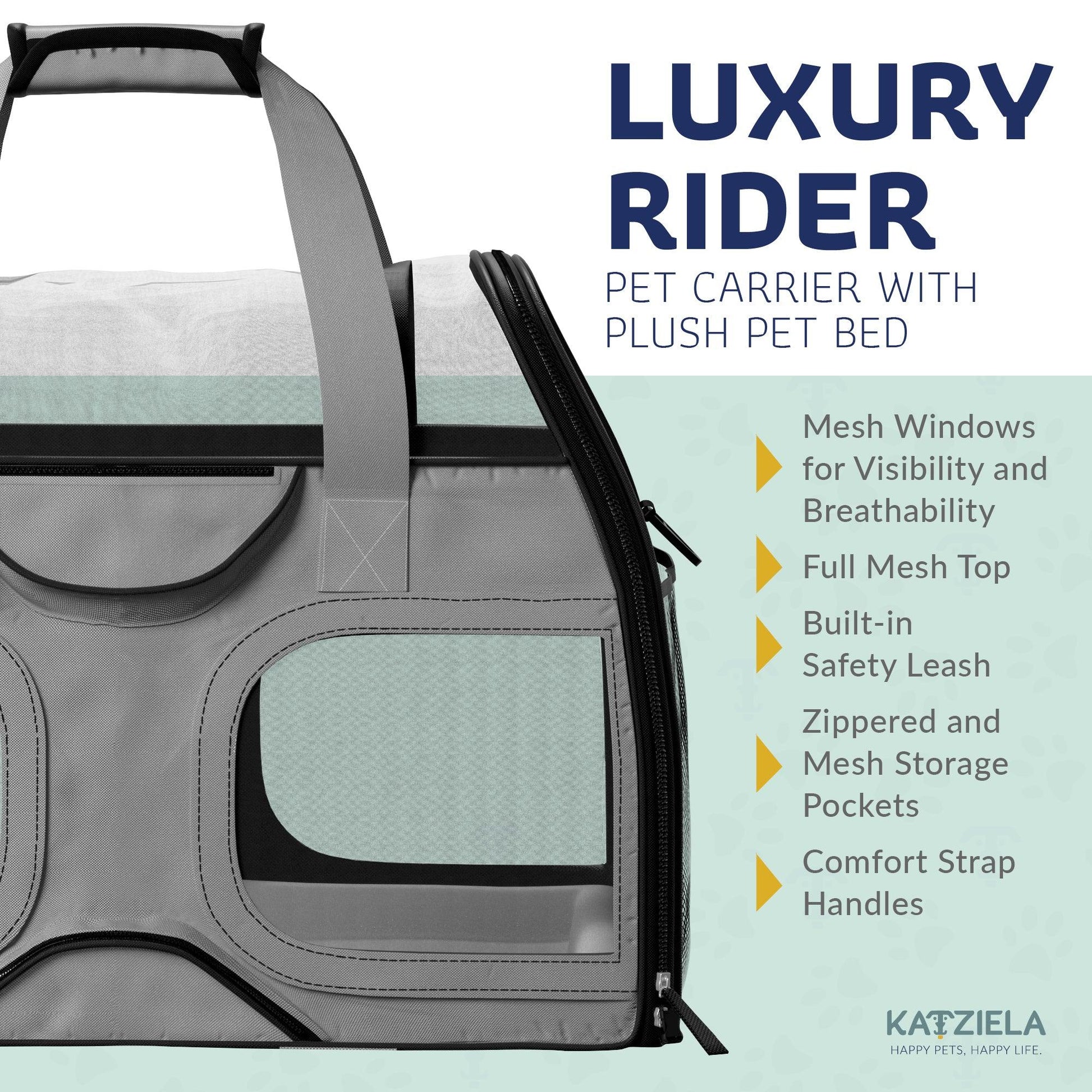 Gray pet carrier with telescopic handle and mesh top, plush pet bed