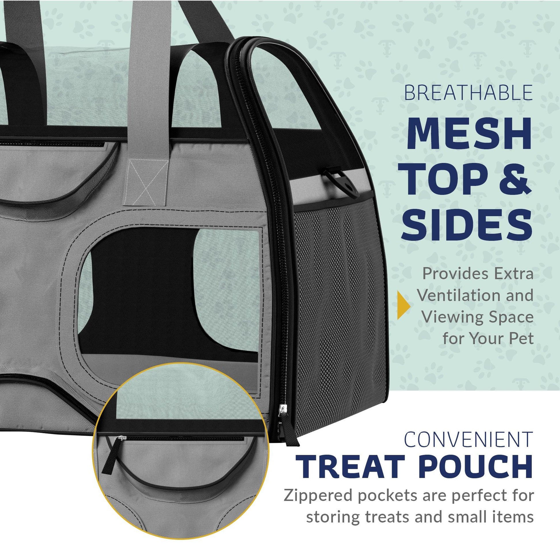 Gray pet carrier with breathable mesh sides and zippered treat pouch