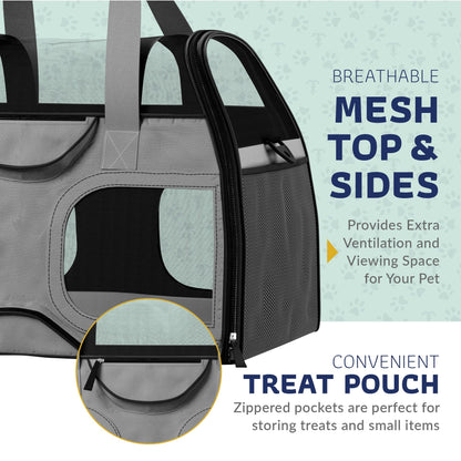 Gray pet carrier with breathable mesh sides and zippered treat pouch