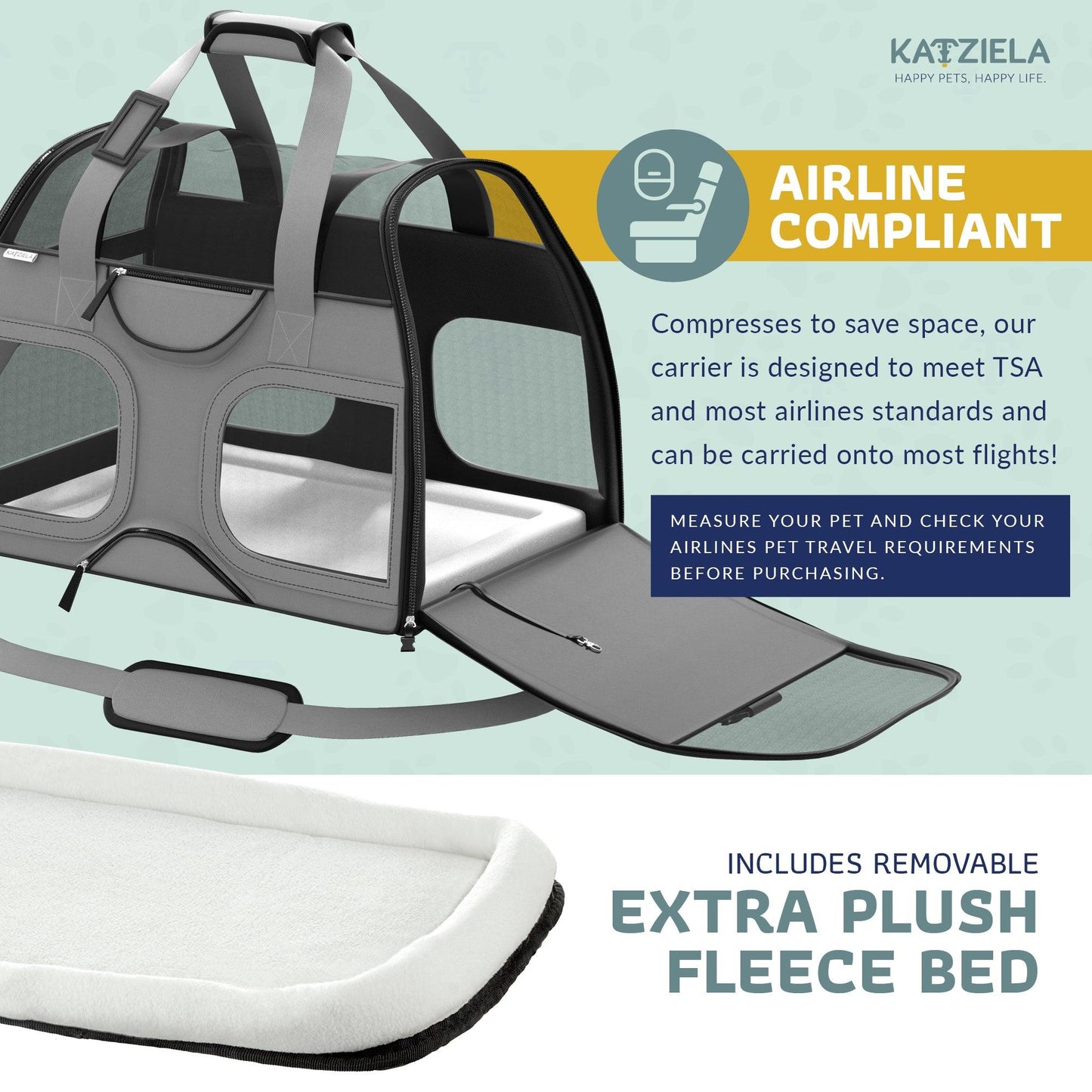 Gray pet carrier with removable fleece plush bed and mesh windows, telescopic handle
