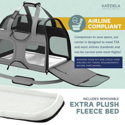 Gray pet carrier with removable fleece plush bed and mesh windows, telescopic handle