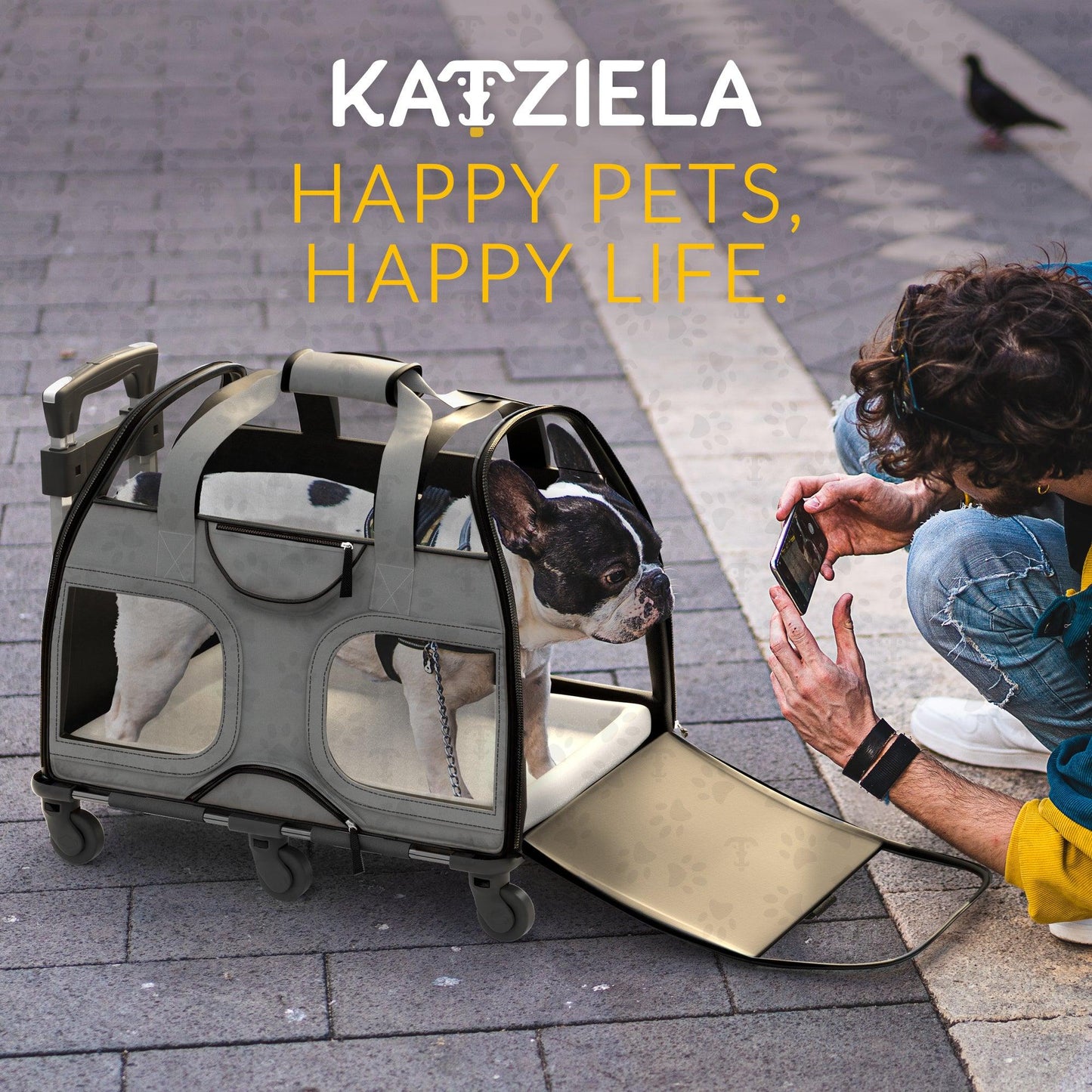 Gray wheeled pet carrier with dog inside and ramp extended for easy entry