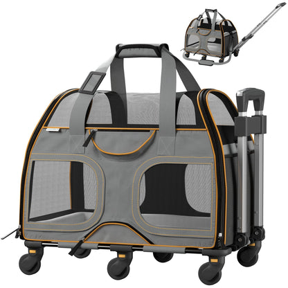 Gray pet carrier with orange trim, front mesh windows, rolling wheel base and handle
