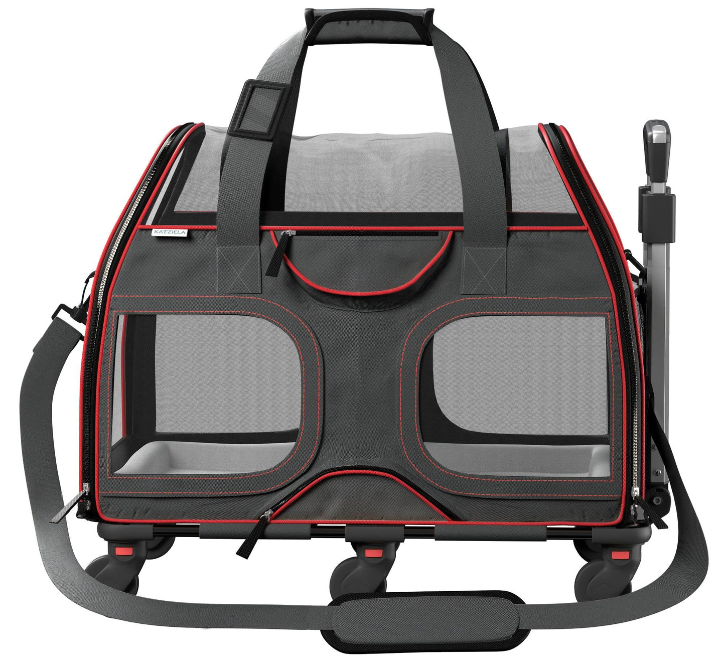 Gray pet carrier with red trim, large front mesh doors, and caster wheels