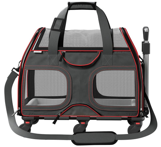 Gray pet carrier with red trim, large front mesh doors, and caster wheels
