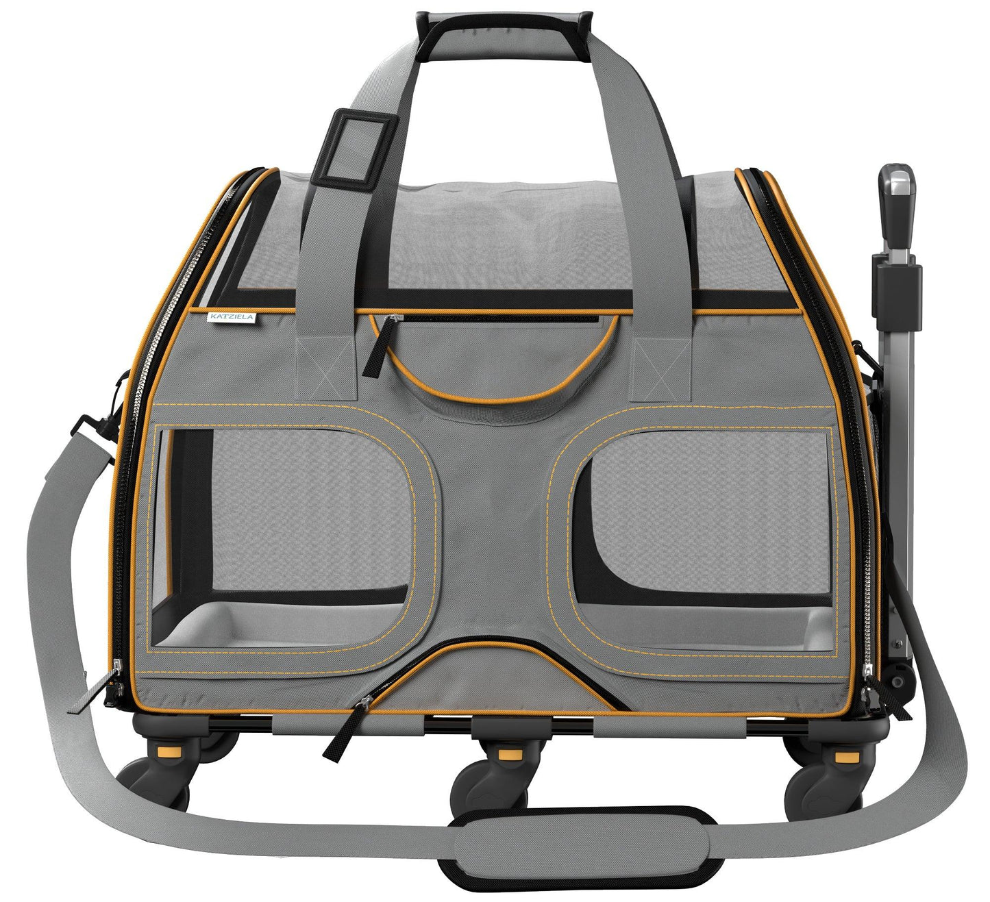 Gray pet carrier with orange trim, front mesh panels, zippered door, padded base