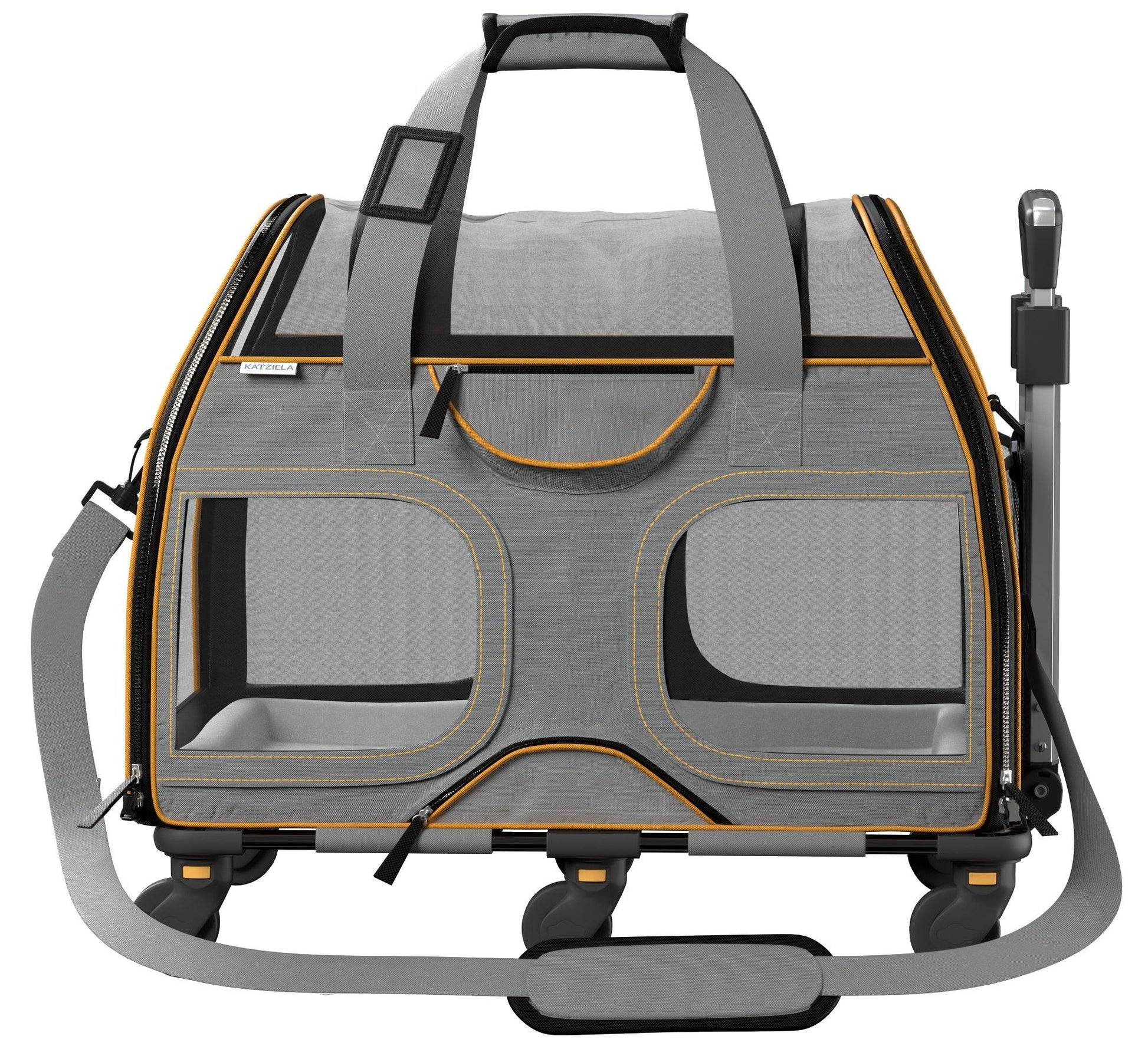 Gray pet carrier with orange trim, front mesh panels, zippered door, padded base