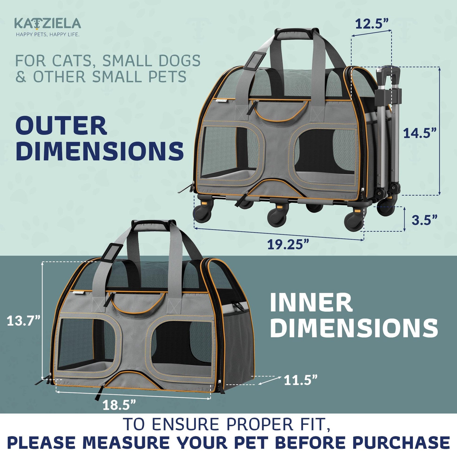 Gray pet carrier with orange trim, telescopic handle, and removable wheel base