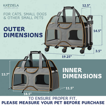 Gray pet carrier with orange trim, telescopic handle, and removable wheel base