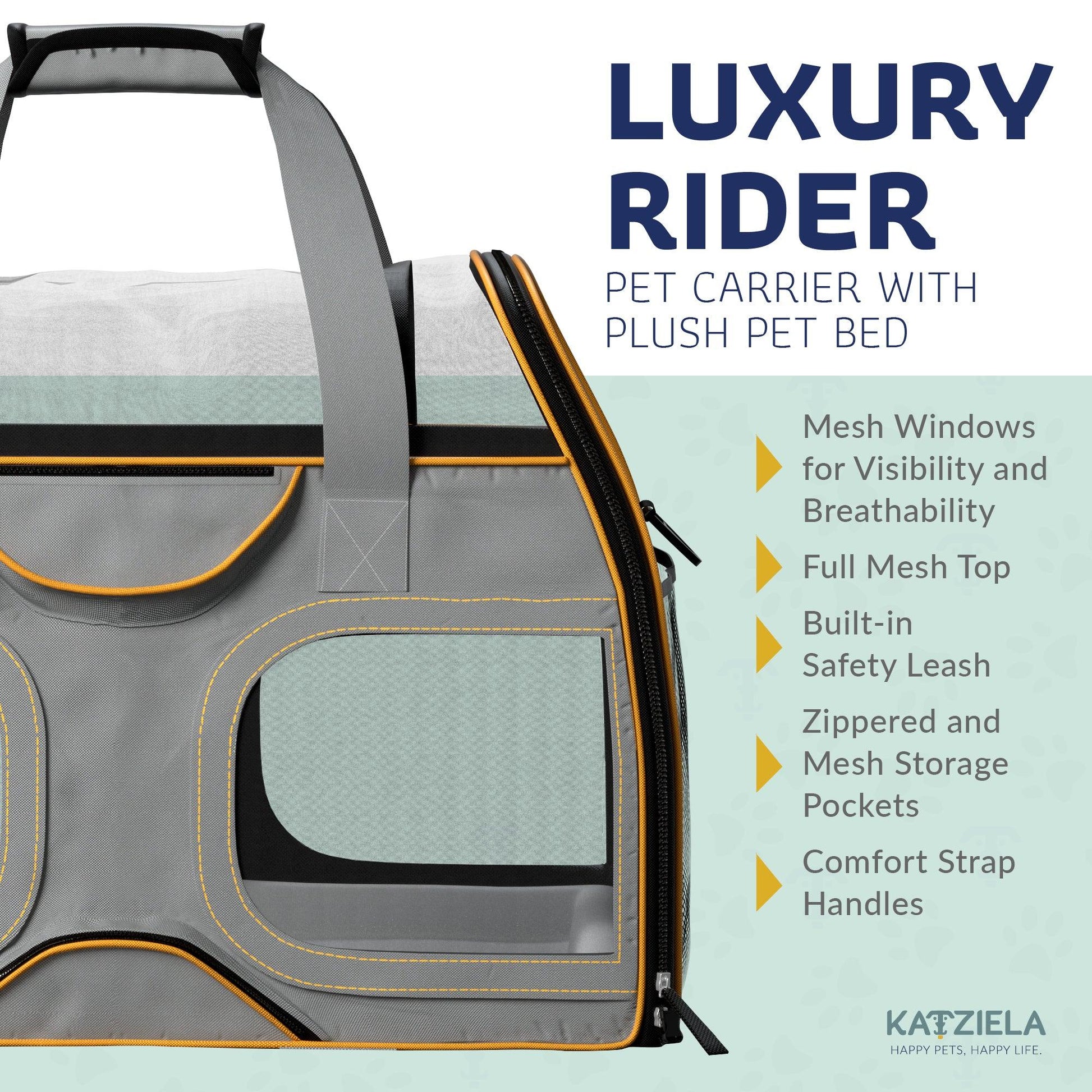 Gray pet carrier with plush bed and orange piping, front mesh viewing window