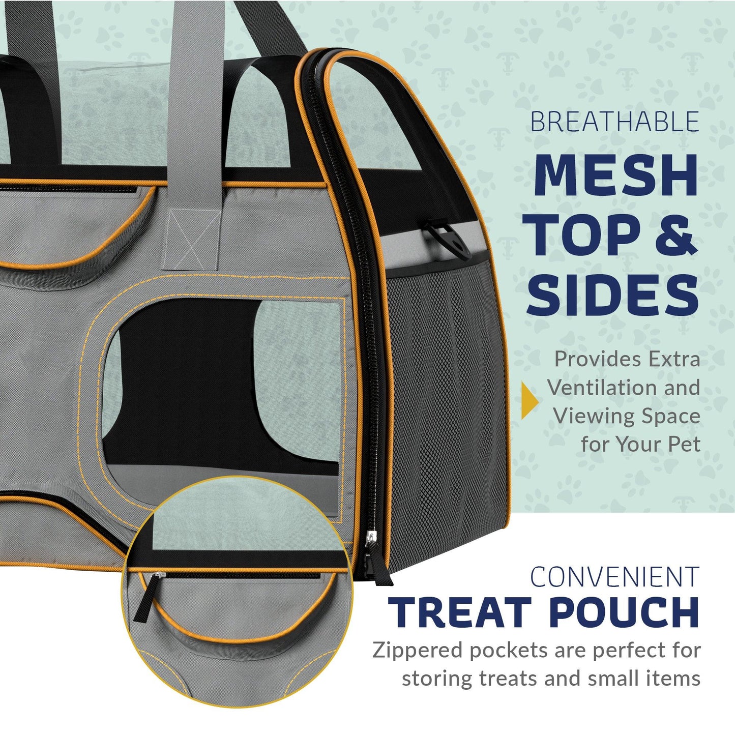 Gray pet carrier with orange trim, breathable mesh top and side panels, treat pouch
