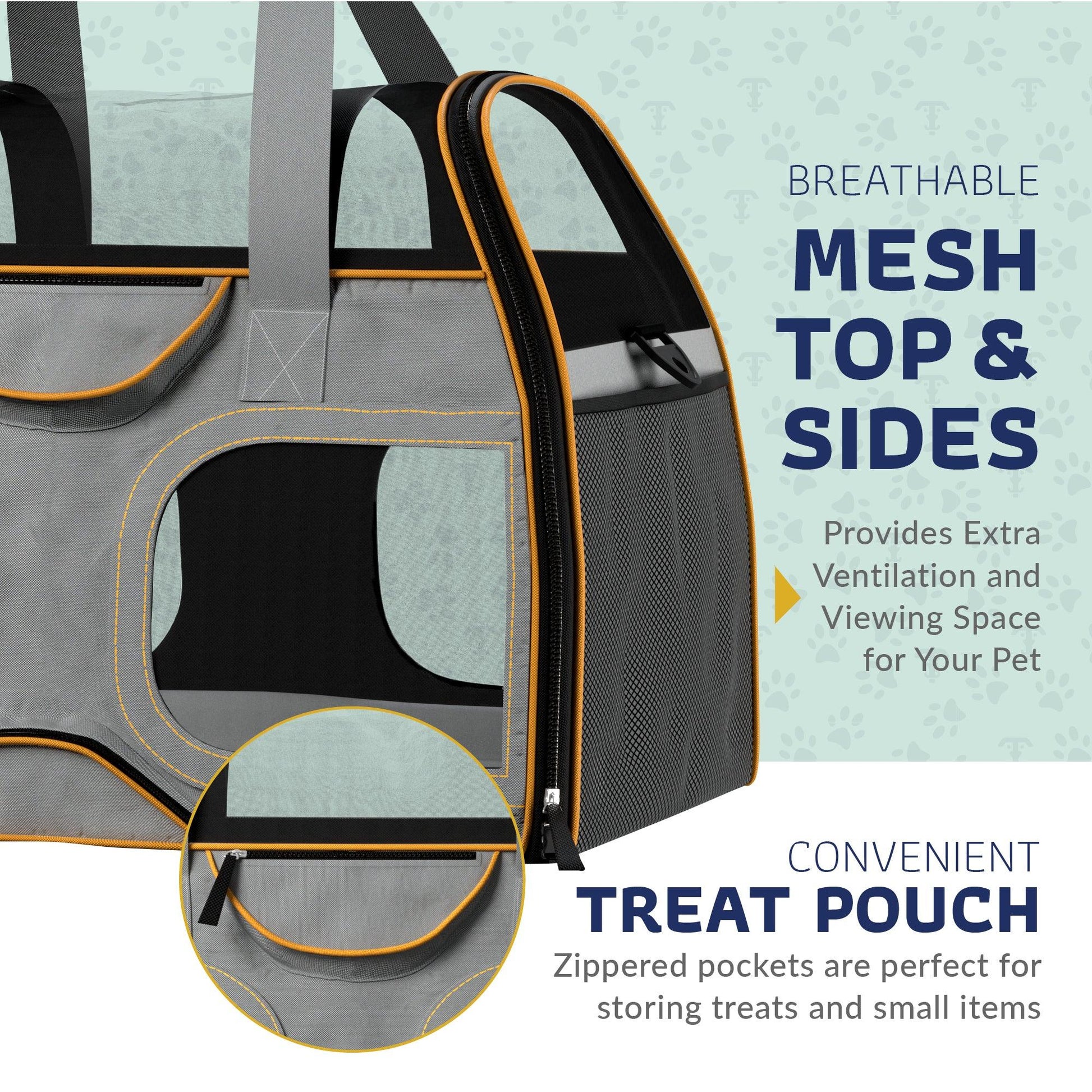 Gray pet carrier with orange trim, breathable mesh top and side panels, treat pouch
