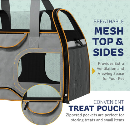 Gray pet carrier with orange trim, breathable mesh top and side panels, treat pouch