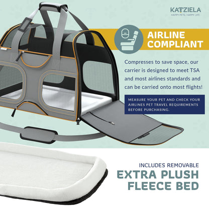 Gray pet carrier with orange trim, foldable runway ramp and removable extra plush fleece bed