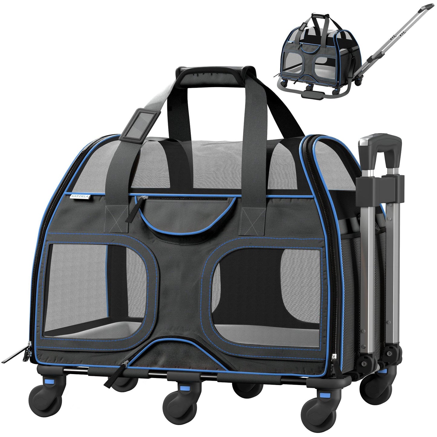 Gray pet carrier with blue trim and telescopic handle, front mesh windows on wheels