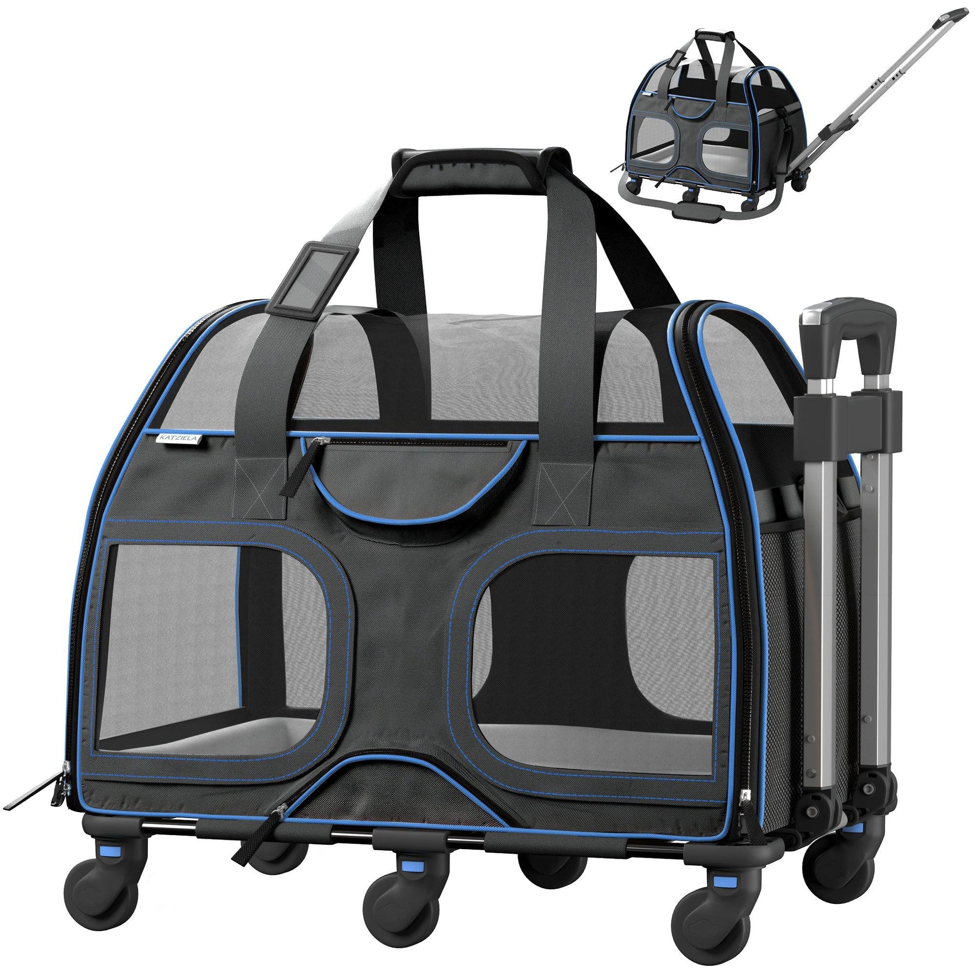 Gray pet carrier with blue trim and telescopic handle, front mesh windows on wheels