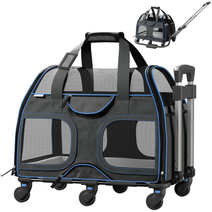 Gray pet carrier with blue trim and telescopic handle, front mesh windows on wheels