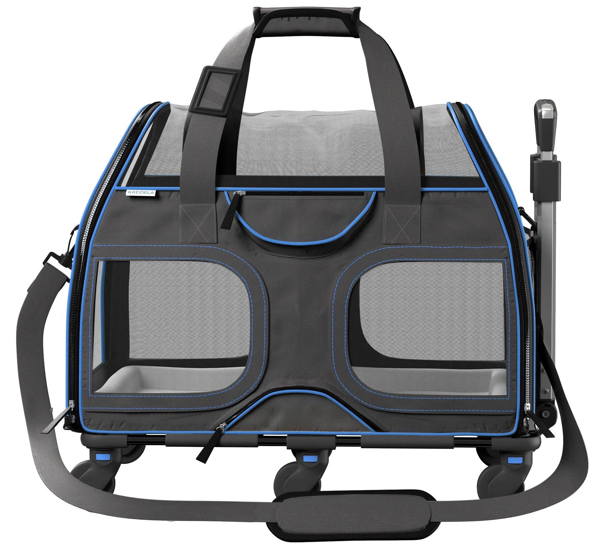 Gray pet carrier with blue trim, large rear mesh windows and wheeled base with straps