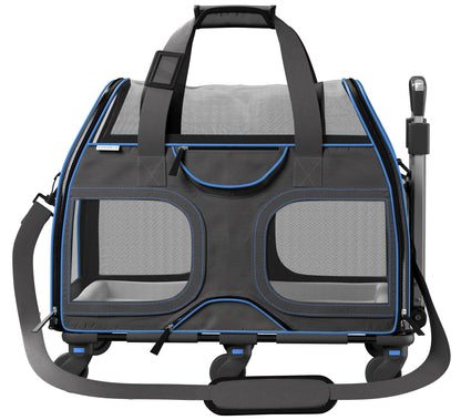 Gray pet carrier with blue trim, large rear mesh windows and wheeled base with straps